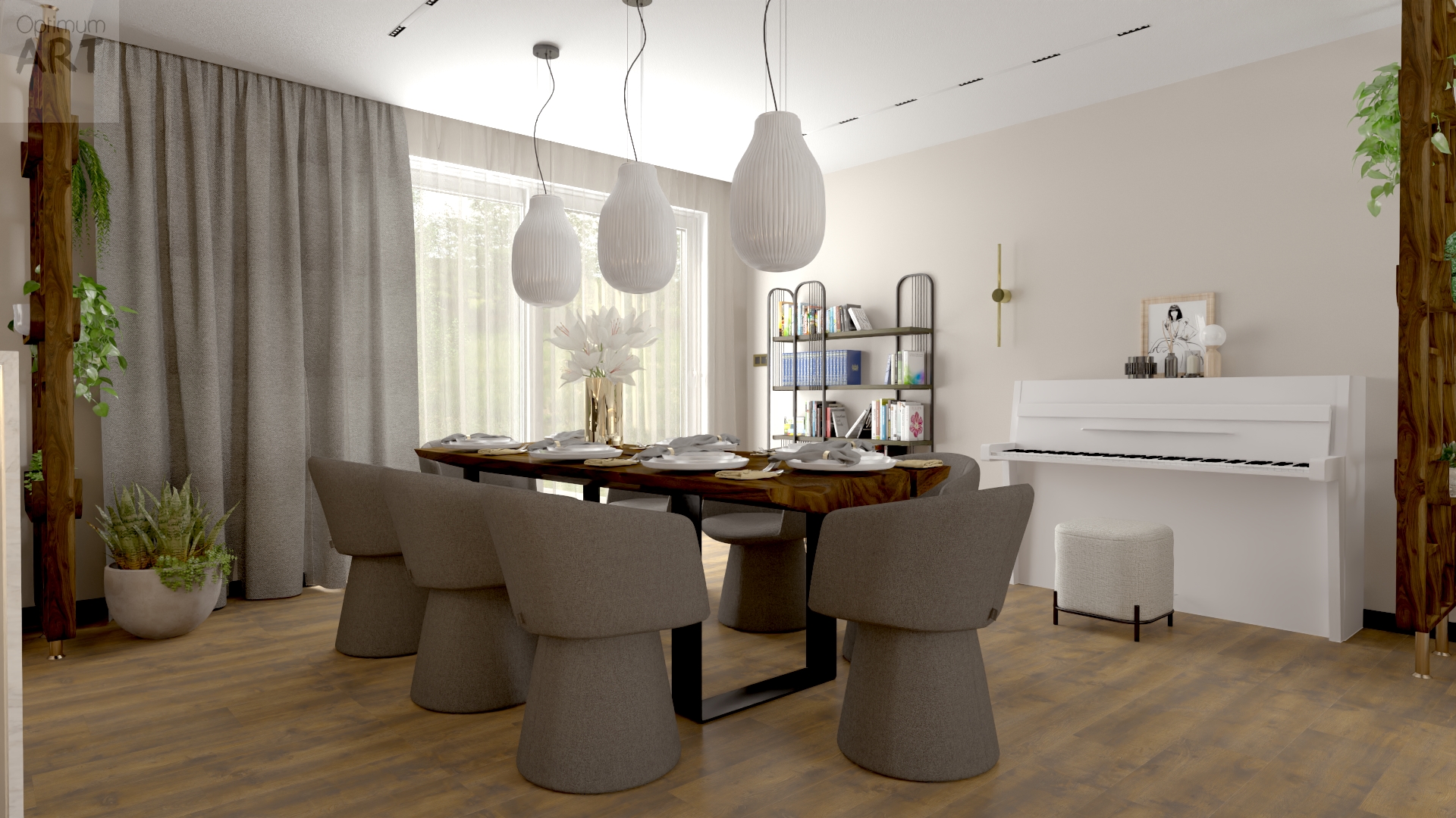 Nowoczesna jadalnia z okrągłym drewnianym stołem otoczonym szarymi krzesłami oraz trzema wiszącymi lampami nad stołem. W tle widoczne są szare zasłony przy oknie, białe piano, regał z książkami oraz rośliny doniczkowe na podłodze z jasnego drewna.