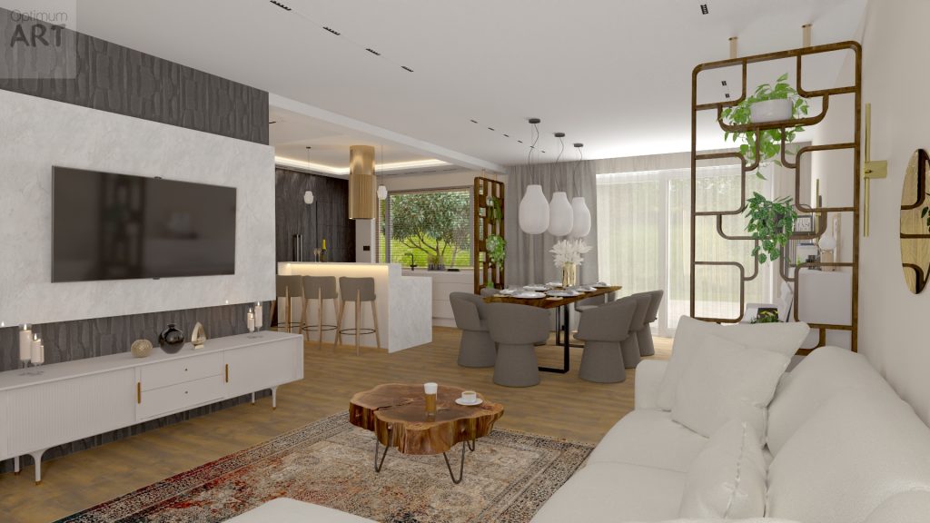 Nowoczesny salon z otwartą kuchnią w jasnych barwach, z białą sofą, drewnianym stolikiem kawowym i telewizorem na ścianie. W tle widoczna jadalnia ze stołem i krzesłami oraz metalowy regał z roślinami.