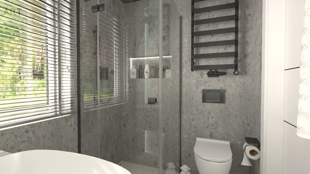 Nowoczesna łazienka z szarymi kafelkami, kabina prysznicowa z przezroczystym szkłem, biała toaleta i czarny grzejnik na ścianie. Po lewej stronie okno z żaluzjami, a w rogu widoczny fragment białej wanny.