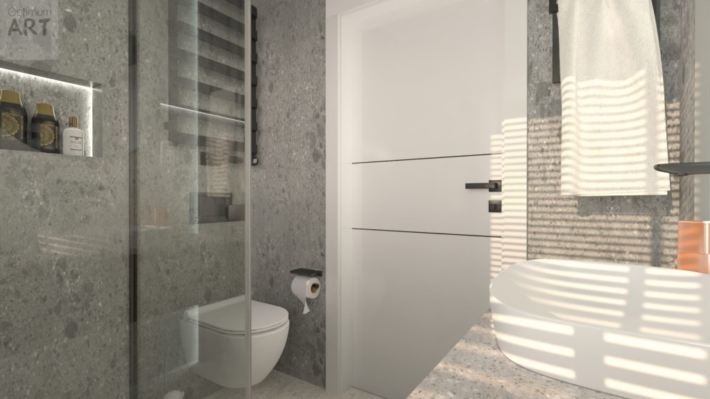 Nowoczesna łazienka w szarych tonach z białą toaletą podwieszaną, szklanym prysznicem i białymi szafkami. Przez okno wpadają promienie słońca rzucające pasiaste cienie na ściany.