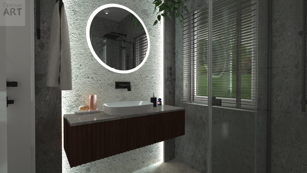 Nowoczesna łazienka z ciemną drewnianą szafką pod umywalkę, okrągłym podświetlanym lustrem na teksturowanej ścianie i dużym oknem z żaluzjami. Po prawej stronie znajduje się kabina prysznicowa ze szklanymi ściankami.