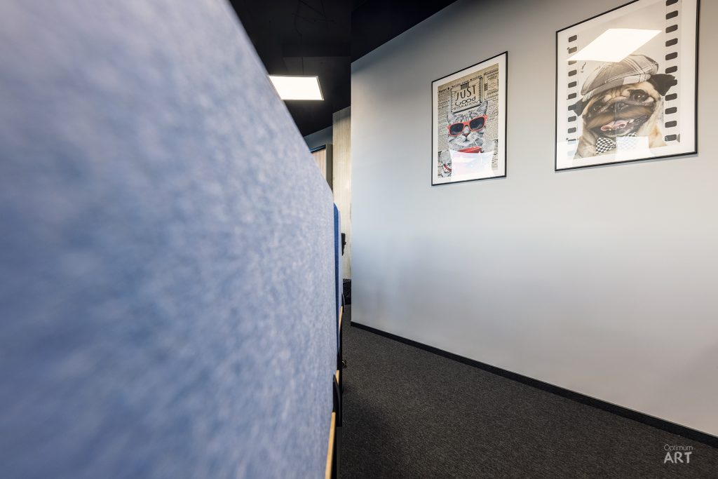 Wnętrze nowoczesnego pomieszczenia z niebieską ścianą pokrytą wzorem przypominającym chmury i białą ścianą z dwoma oprawionymi plakatami. Na podłodze leży ciemnoszary dywan, a sufit jest czarny z wbudowanym oświetleniem.