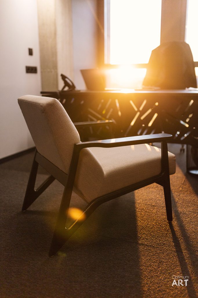 Jasny fotel z beżowym obiciem stoi na dywanie w salonie, oświetlony intensywnym światłem słonecznym wpadającym przez okno. W tle widoczny jest stół z krzesłami i roślina doniczkowa.