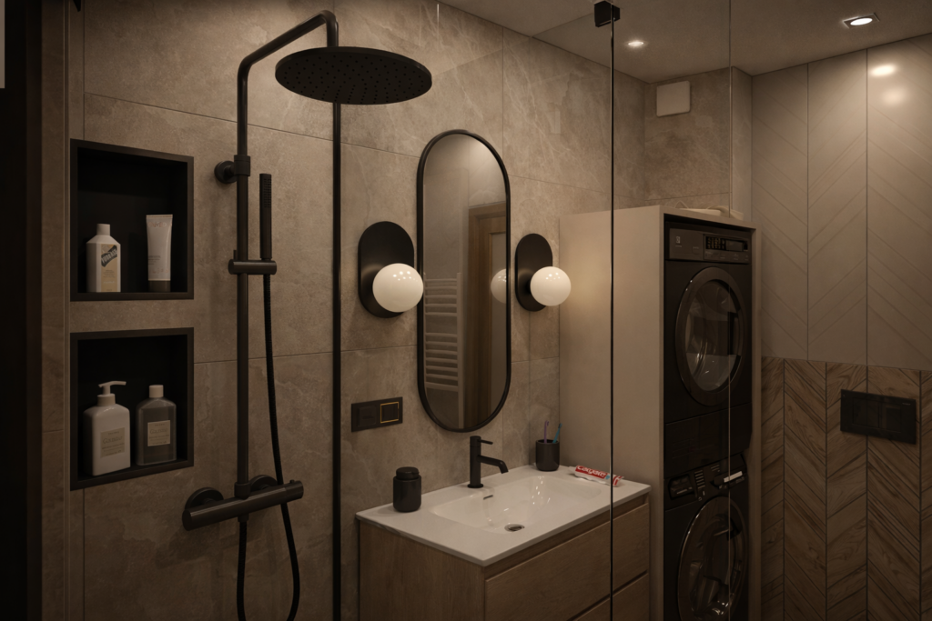 Nowoczesna łazienka w beżowo-brązowej kolorystyce z czarną armaturą prysznicową, owalne lustro nad umywalką i pralko-suszarką w zabudowie. Po lewej stronie widoczne są wbudowane w ścianę półki z kosmetykami.