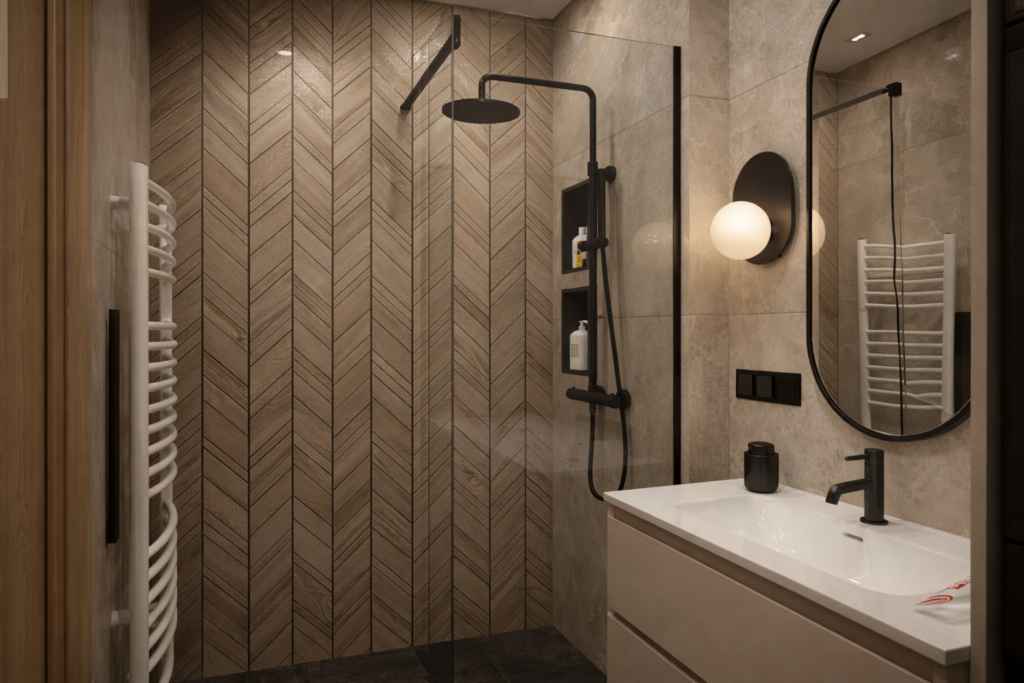 Nowoczesna łazienka z prysznicem bez brodzika, białą szafką z umywalką i okrągłym lustrem. Ściana prysznicowa wykończona jest drewnianymi płytkami ułożonymi w jodełkę, a armatura ma czarny kolor.