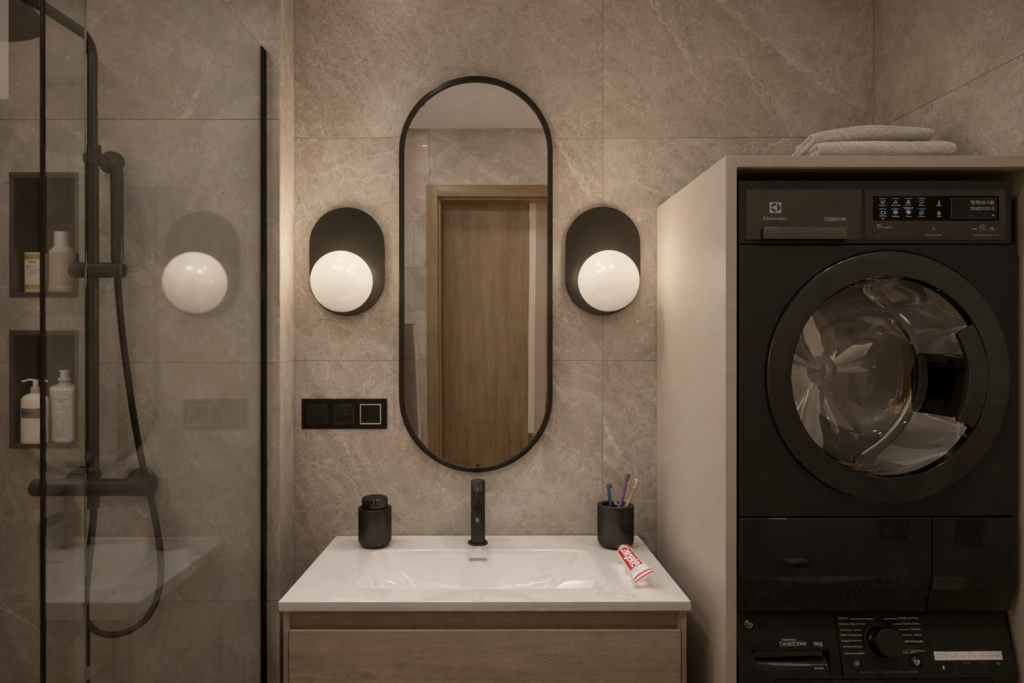 Nowoczesna łazienka z beżowymi kafelkami, w której znajduje się kabina prysznicowa po lewej stronie, umywalka z owalnym lustrem pośrodku oraz czarna pralka po prawej stronie. Na ścianach wiszą okrągłe lampki, a całe wnętrze utrzymane jest w minimalistycznym stylu.
