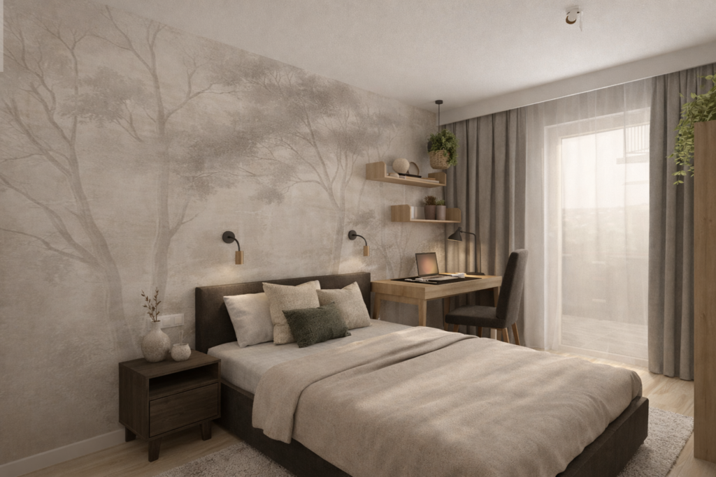 Nowoczesna sypialnia w beżowych tonach z dużym łóżkiem, biurkiem przy oknie i dekoracyjną ścianą z motywem drzewa. Pomieszczenie ma szare zasłony, drewniane półki z roślinami i minimalistyczne oświetlenie ścienne.