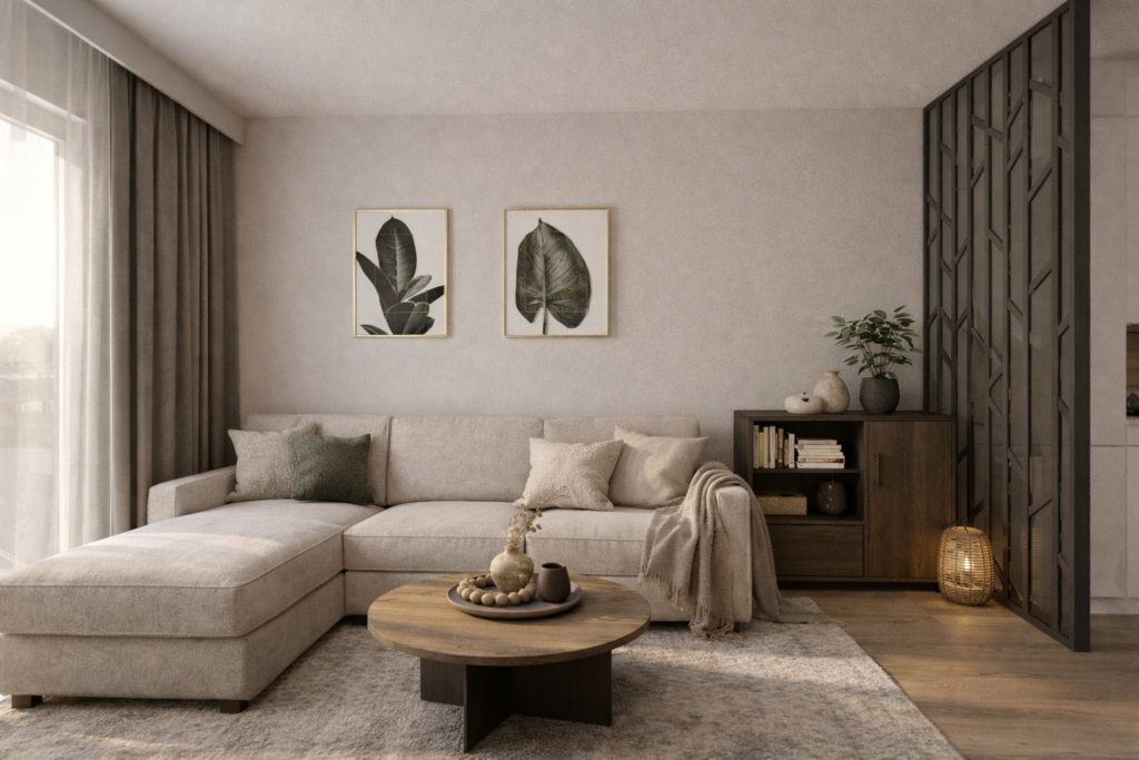 Nowoczesny salon z beżową narożną sofą, okrągłym drewnianym stolikiem kawowym i dwoma obrazami z motywami liści na ścianie. Po prawej stronie znajduje się ciemna komoda z książkami i rośliną, a na podłodze leży szary dywan.