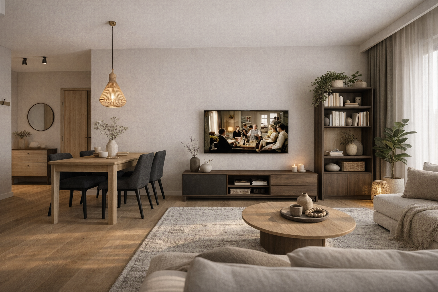 Nowoczesny salon z jadalnią w stylu skandynawskim, z drewnianymi meblami, beżową sofą i okrągłym stolikiem kawowym. Na ścianie wisi telewizor, a pomieszczenie ozdobione jest roślinami i dekoracjami w naturalnych kolorach.