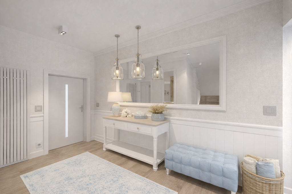 Elegancka łazienka w jasnych kolorach z białą szafką pod umywalkę, dużym lustrem i trzema wiszącymi lampami. Na podłodze leży jasny dywan, a przy ścianie stoi niebieska ławeczka i wiklinowy kosz.