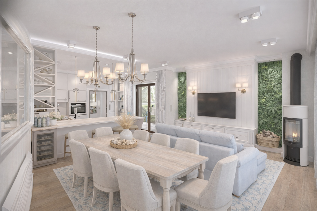 Eleganckie wnętrze otwartej przestrzeni łączącej kuchnię z salonem, utrzymane w jasnych kolorach z białymi meblami i drewnianą podłogą. W centrum znajduje się duży stół jadalny otoczony beżowymi krzesłami, obok szara sofa, a w tle widoczny kominek i telewizor na ścianie.