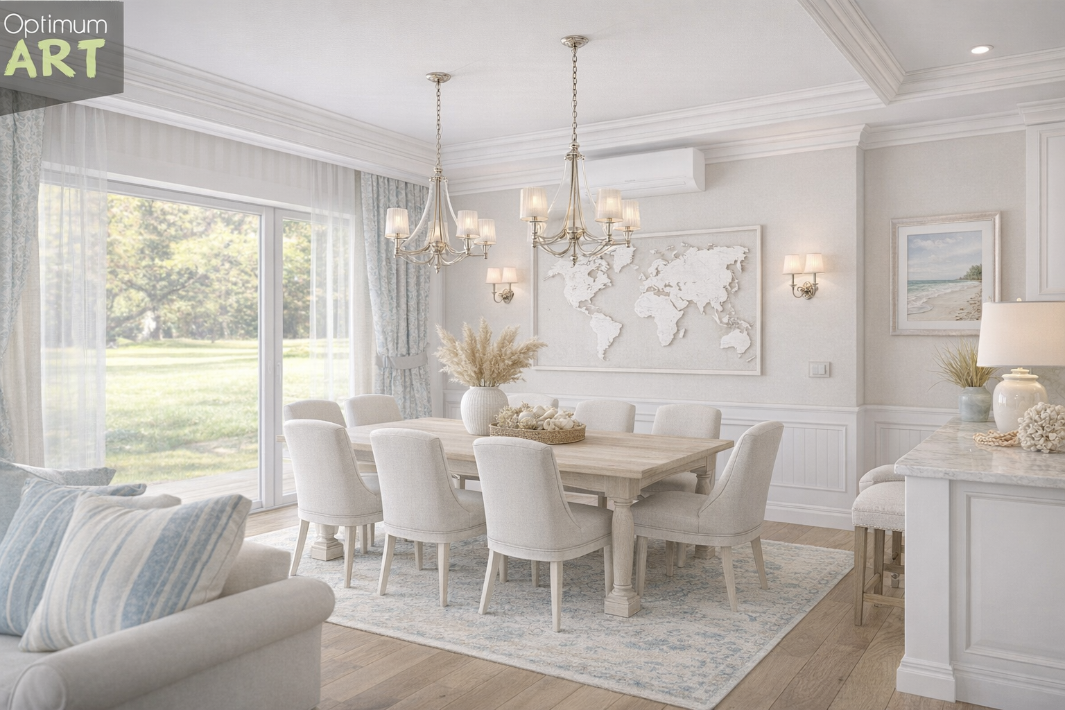 Elegancka jadalnia w jasnych kolorach z białymi krzesłami wokół prostokątnego stołu, oświetlona dwoma żyrandolami. Na ścianie wisi mapa świata, a duże okno z białymi zasłonami wpuszcza naturalne światło do pomieszczenia z drewnianą podłogą.