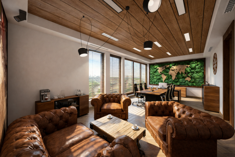 Gabinet Prezesa – nowoczesne wnętrze biura z salą konferencyjną i strefą lounge