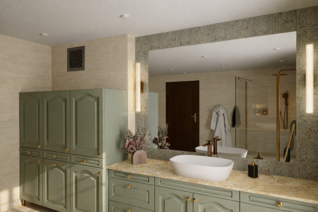 Elegancka łazienka z szafkami w kolorze szałwiowej zieleni, białym okrągłym umywalką na marmurowym blacie i dużym lustrem. Wnętrze utrzymane w jasnych, naturalnych kolorach z dekoracyjnymi płytkami na ścianie i pionowymi lampami przy lustrze.