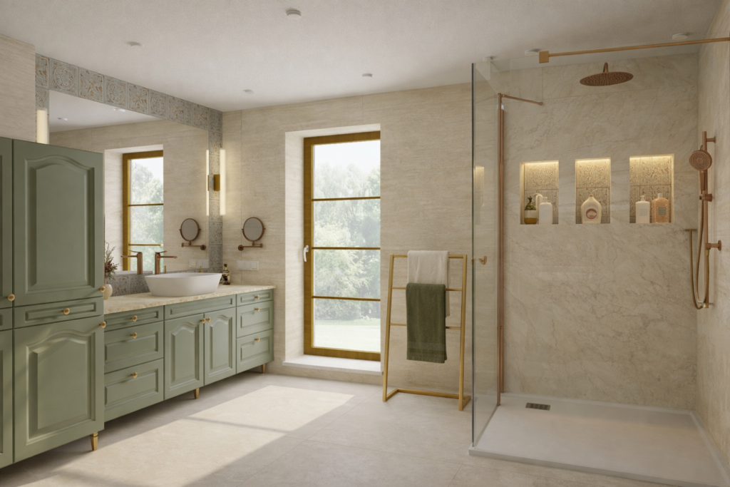 Nowoczesna łazienka z szafkami w kolorze miętowym, białym marmurem na ścianach i szklaną kabiną prysznicową z mosiężnymi elementami. Pomieszczenie wyposażone w podwójną umywalkę, okno z widokiem na zieleń i drewniany wieszak na ręczniki.