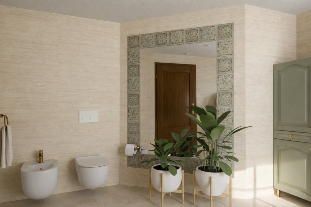 Łazienka w jasnych, ciepłych kolorach z białymi ceramicznymi urządzeniami sanitarnymi i dekoracyjnym lustrem w ramie z wzorzystych płytek. Na podłodze stoją dwie białe donice z zielonymi roślinami na złotych podstawkach, a po prawej stronie znajduje się miętowa szafka.