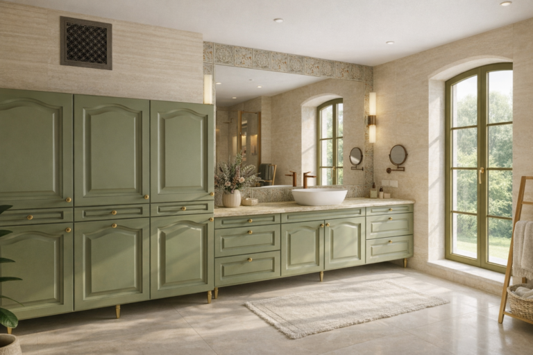 Elegancka łazienka z dużymi szafkami w kolorze szałwiowej zieleni z mosiężnymi uchwytami, białym okrągłym umywalką nablatową i beżowymi kamiennymi ścianami. Pomieszczenie ma duże okna łukowe wpuszczające naturalne światło i drewnianą podłogę z dywanem.
