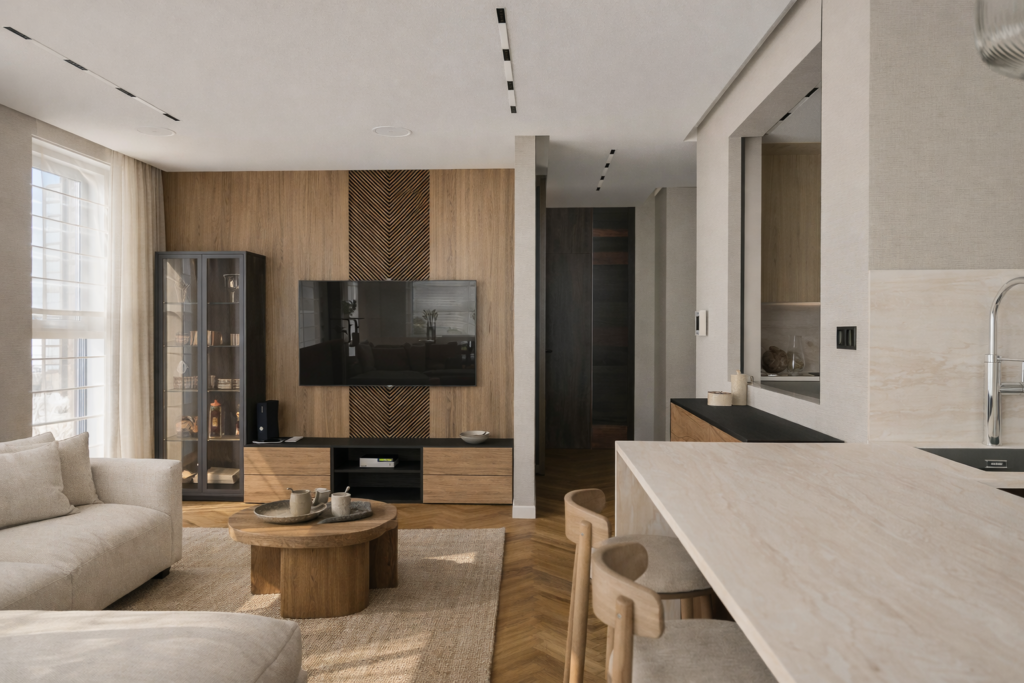 Ściana TV w salonie Japandi – drewno i lamelowy detal w minimalistycznej aranżacji