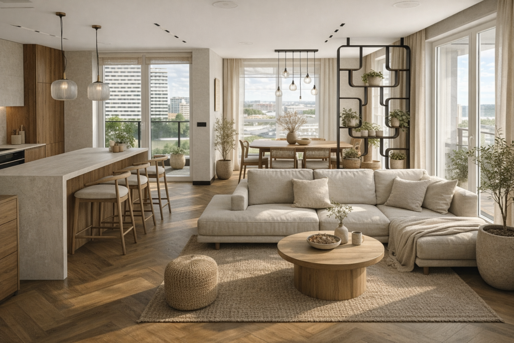 Salon Japandi z otwartą kuchnią – jasne drewno, beże i wyspa kuchenna OptimumArt