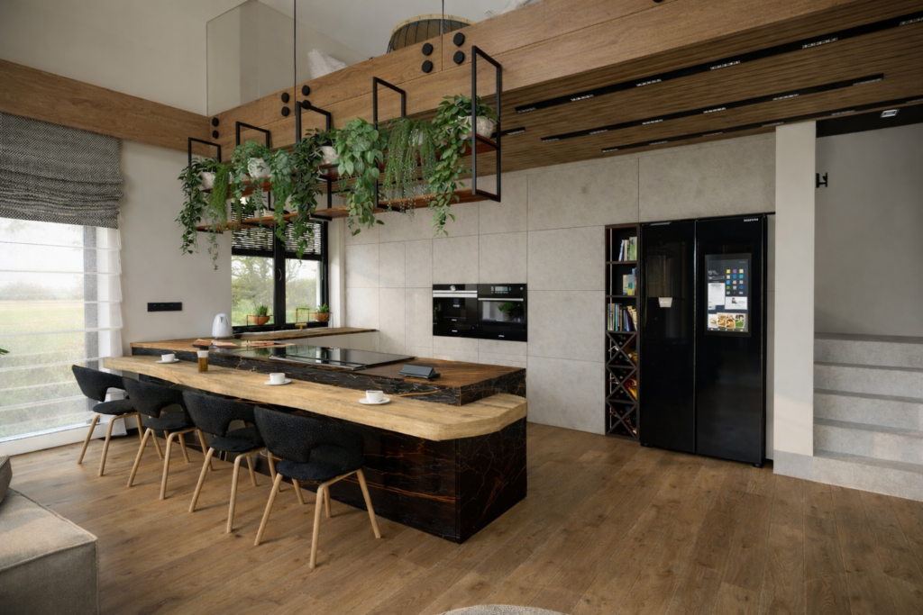 Nowoczesna kuchnia z dużą wyspą kuchenną z drewnianym blatem i czarnymi krzesłami ustawionymi wzdłuż jednej strony. Nad wyspą wiszą metalowe półki z roślinami, a w tle widać białe szafki kuchenne i czarną lodówkę.