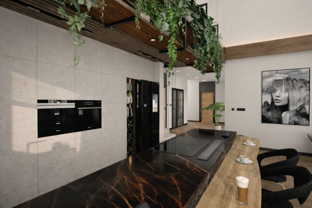 Nowoczesna kuchnia z jasną zabudową, czarnym marmurowym blatem wyspy kuchennej i drewnianymi elementami sufitu. Na wyspie stoją filiżanki kawy, a z belki sufitowej zwisają rośliny doniczkowe.