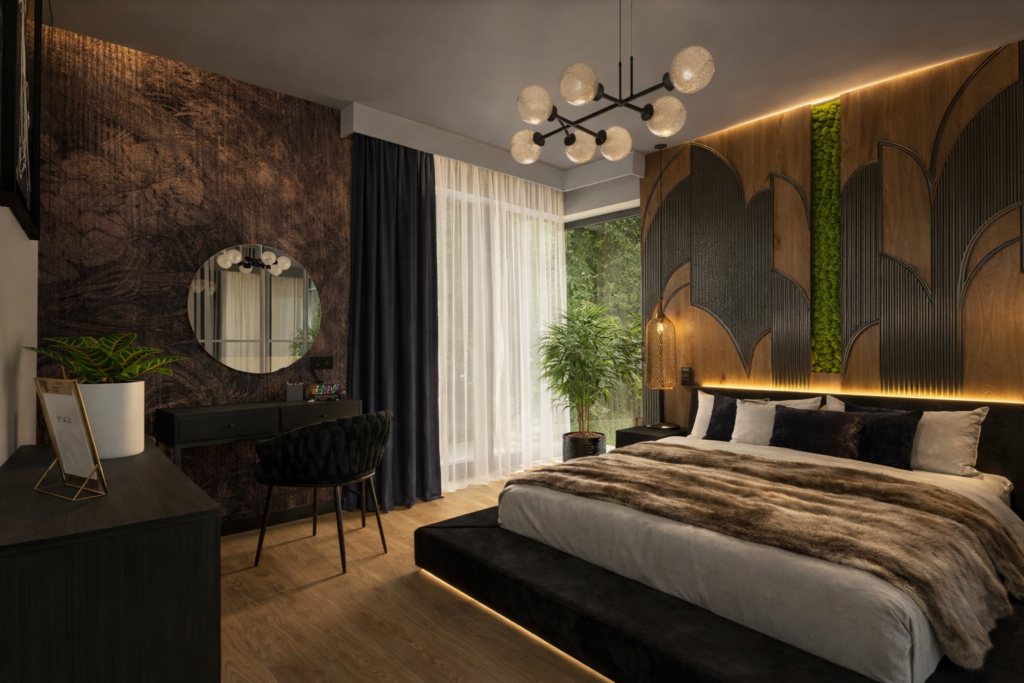 Nowoczesna sypialnia z dużym łóżkiem z drewnianą zagłówkiem, okrągłym lustrem na ścianie z cegły i stylowym żyrandolem. Wnętrze utrzymane w ciemnych kolorach z akcentami zieleni i ciepłym oświetleniem LED.