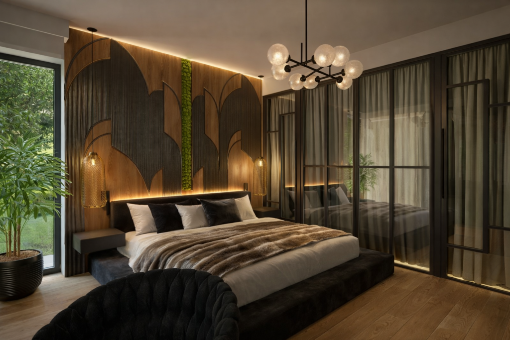 Nowoczesna sypialnia z dużym łóżkiem na czarnej podstawie, dekoracyjną ścianą z motywami roślinnymi w kolorach zieleni i brązu oraz stylowym żyrandolem z kulkami. Po prawej stronie znajduje się szklana ściana działowa oddzielająca łazienkę, a przy oknie stoi duża roślina doniczkowa.