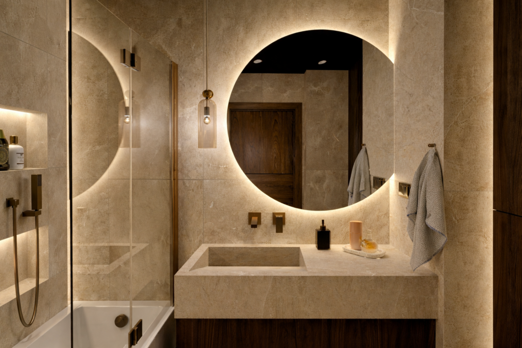 Luksusowa łazienka w beżowych, kamiennych tonach z dużym okrągłym lustrem podświetlanym LED, nowoczesną umywalką z kamienia i szklaną kabiną prysznicową. Wnętrze utrzymane w minimalistycznym stylu z ciepłym oświetleniem i elementami z naturalnego drewna.