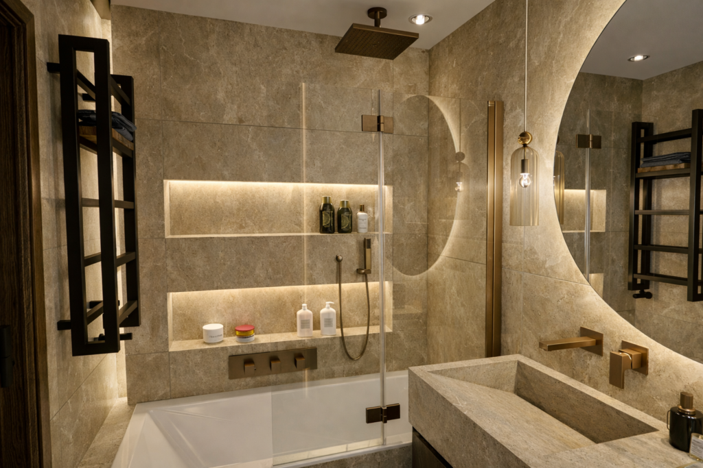 Luksusowa łazienka w beżowym kamieniu z wanną, prysznicem typu walk-in i podświetlanymi wnękami na kosmetyki. Po prawej stronie znajduje się umywalka z eleganckim lustrem, a całość uzupełniają czarne grzejniki i złote dodatki.